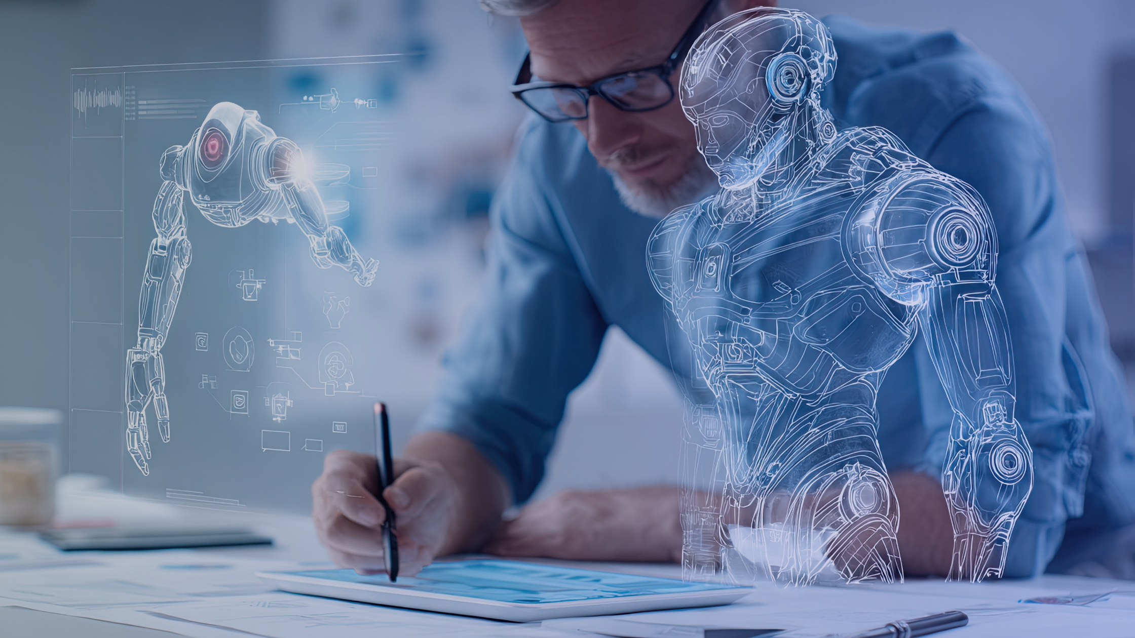 Engineer designing a futuristic robot with holographic projections representing AI assistants as search engines and emerging AI-driven search technology.