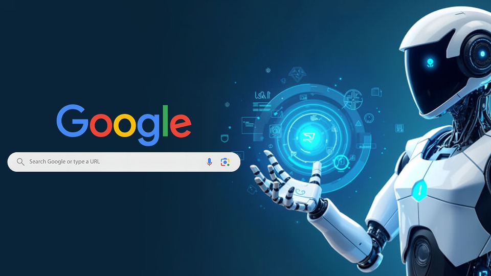 Robot AI assistant interacting with digital interface beside Google search bar, representing google search vs ai assistants 2025 and the future of search technology.