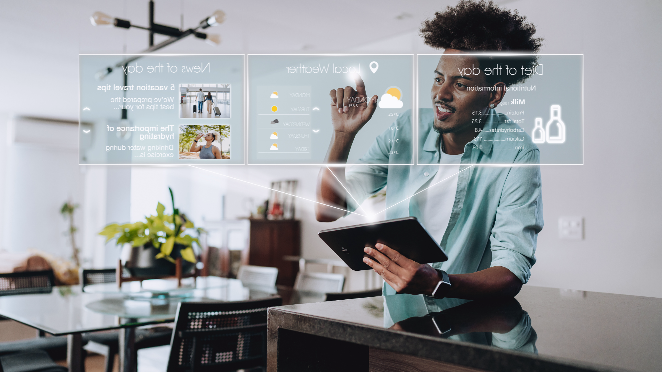 Man using an AI-powered smart interface displaying digital information, representing how AI will change attribution and reduce click-based interactions.
