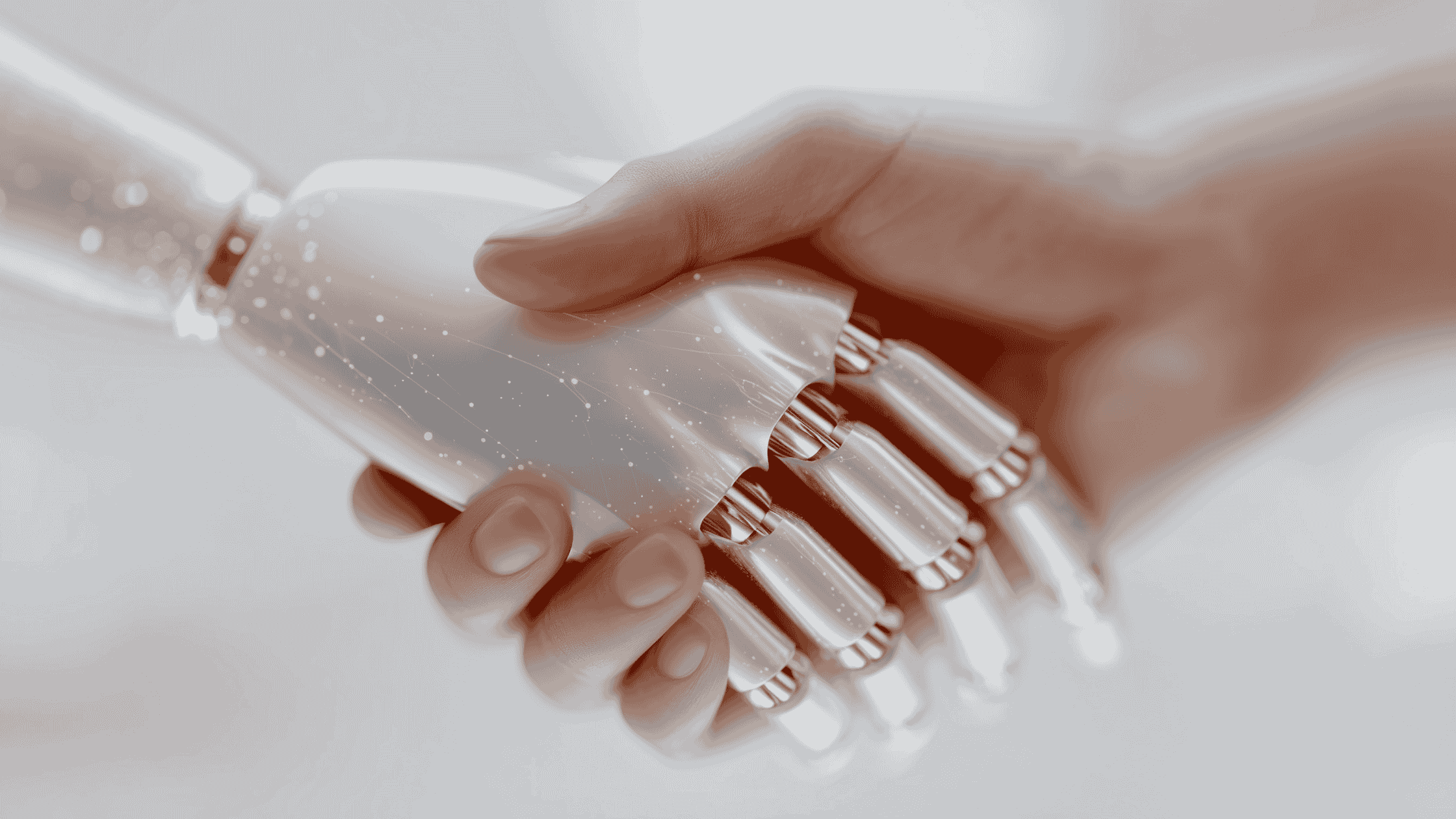 A human hand holding a robotic hand, symbolizing how AI will change attribution and reshape the future of marketing measurement.