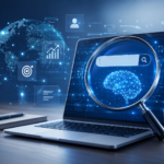 AI Search and SEO concept showing a laptop, search interface, AI brain and digital network